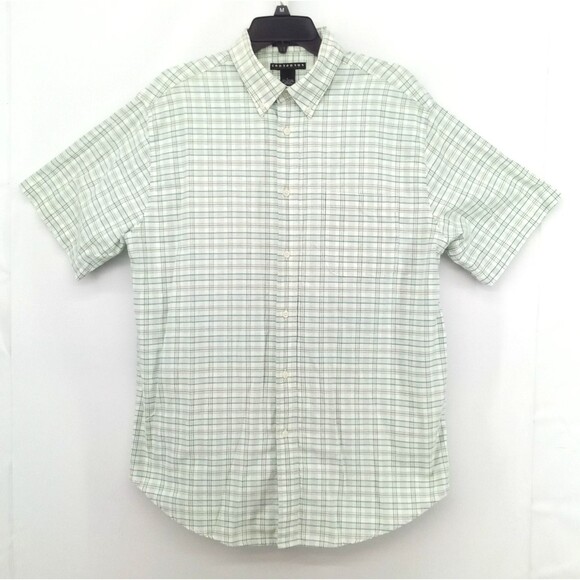Consensus Shirt Mens Large White Green Plaid Wrinkle Stain Resistant Button Up - Picture 1 of 7